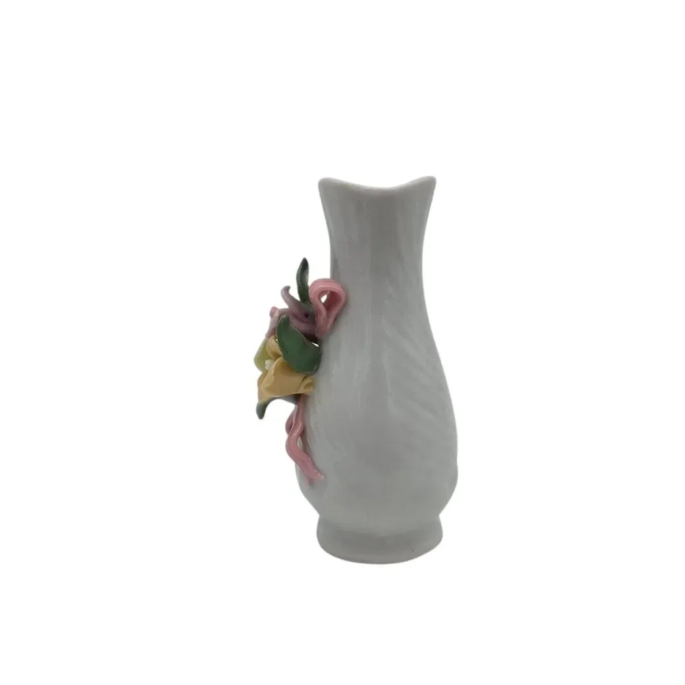 Vintage Miniature Bud Vase Porcelain 3D Applied Flowers Pink Ribbon Ribbed 3
